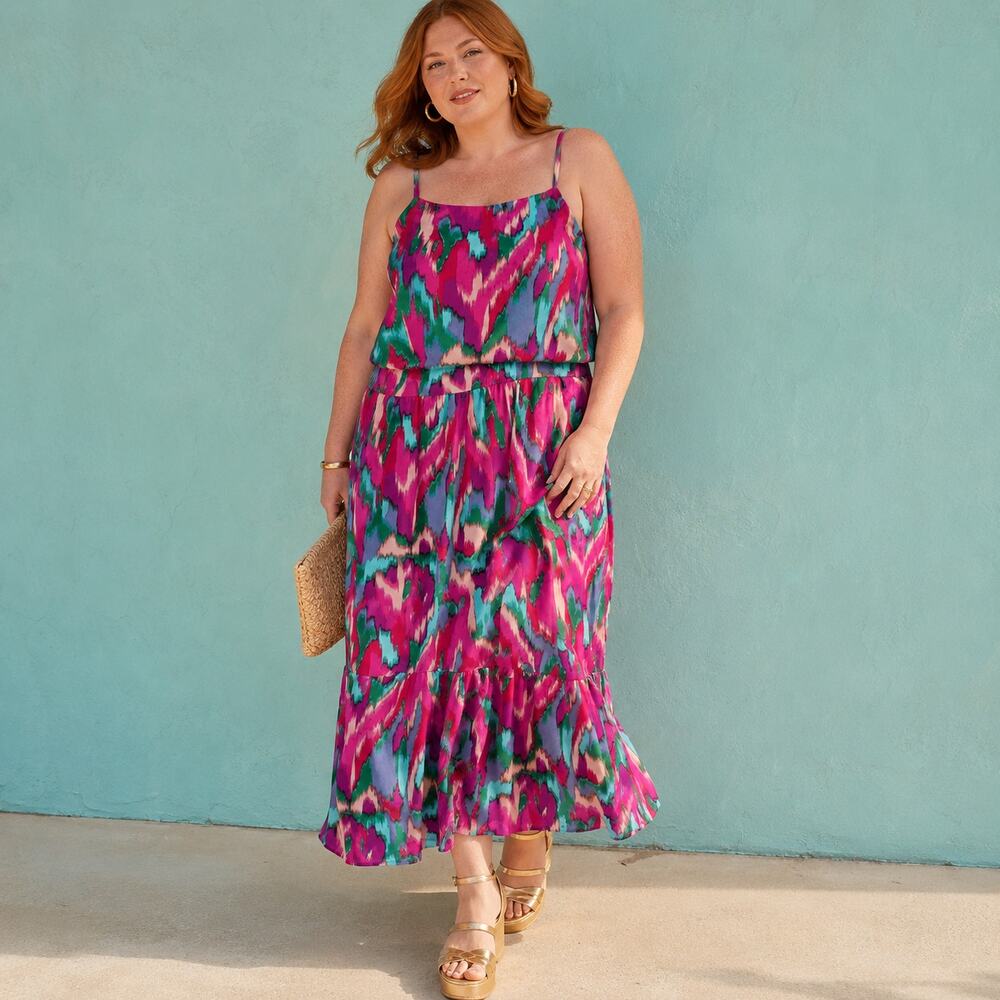 Donna Morgan Abstract Ikat Maxi Dress 16 NWT Pink Green Tiered Resort Wedding